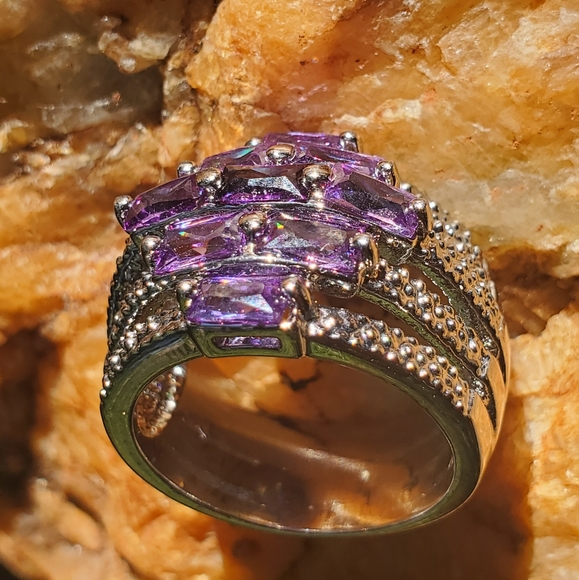 Beautiful Amethyst White Gold Rhodium Plated Ring, Wide Band NWOT - Picture 4 of 6